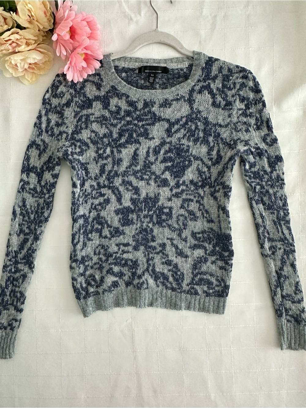 White House Black Market Gray and Navy Floral Crewneck Sweater Never Worn!